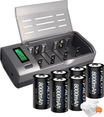 Image de Batteries rechargeables de taille D et chargeur, capacité de 8000mAh, fonctions de charge intelligentes, 6 batteries 1 chargeur