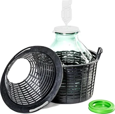 Produktbild von MIKONI Weithalsballon 34L mit Kunststoffkorb + Gummistopfen + Gärröhrchen, Glasballon, Korken, Gärballon Weinballon, Gärbehälter