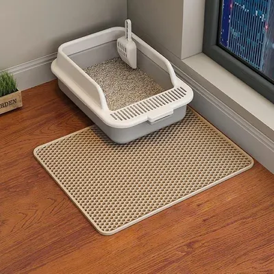 Produktbild von PolkaHome® Katzenstreu-Matte, Katzenklo-Matte, doppellagig, wasserdicht, rutschfest, Wabenmuster, Beige, 50 x 40 cm