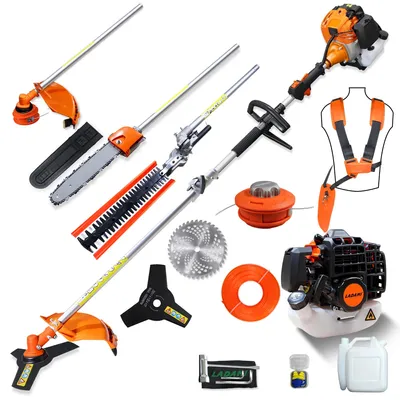 Produktbild von Benzin Freischneider Multitool - GJ520W Trimmer Heckenschere Kettensäge - 52 cm³ 2-Takt Motor - Fadentrimmer - Seilzugstart - Schultergurt - Orange