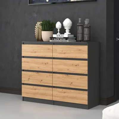 Obrázok produktu pre Komoda, predsieň do spálne, šatníková skriňa, príborník, vysoká doska s 8 zásuvkami, šírka 120 cm výška 97 | antracit Artisan
