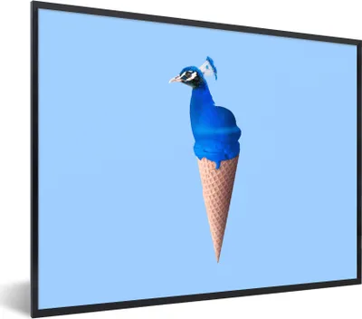 Produktbild von MuchoWow® Gerahmtes Poster Pfau - Eistüten - Eiscreme - Blau - Vogel 40x30 cm - Poster mit Schwarzem Bilderrahmen Wandposter Rahmen Foto Bilder - Kunstposter - Wanddekorationen