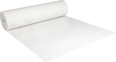 A roll of white protective sheeting is unrolled on a white surface.