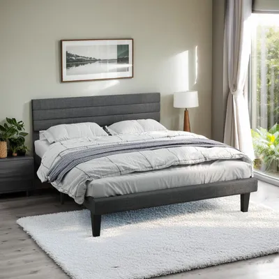A bedroom scene with a bed, nightstand, and window.