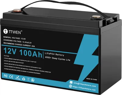 Produktbild von TTWEN 12 V 100 Ah LiFePO4 lithiový bateriový zdroj nouzového napájení, energie 1280 Wh, 4000+ hluboké vybití, integrovaný 100 A BMS, 24,25 lbs lehký, podporuje sériové/paralelní zapojení, ideální jako náhrada za většinu nouzových zdrojů, obytné automobily, lodě, solární, trollingové motory, off-grid (bez displeje)
