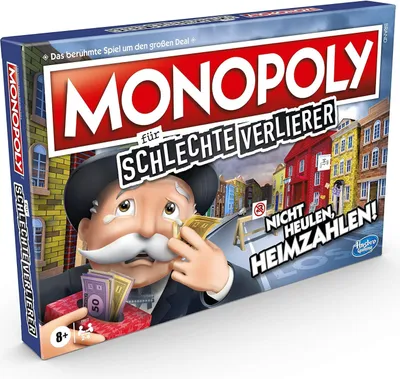 The image shows the box of the Monopoly board game "Monopoly für schlechte Verlierer" (Monopoly for bad losers).
