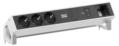 Image de Bureau BACHMANN DESK2, 3 prises CEE7/3, 1 port USB-C (puissance 100W), 1 prise CM, longueur du câble : 0,2 m, finition inox