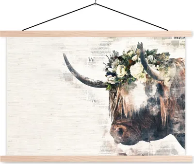 Produktbild von MuchoWow® Textilposter Schottische Hochlandrind - Kühe - Blumen 60x40 cm mit holzfarbenen Rahmen - Bilder