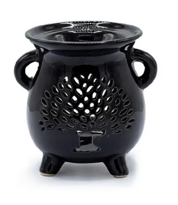Glänzende schwarze Duftlampe die wie kleiner Kessel geformt ist. Hat zwei kleine Griffe an der Seite