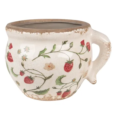 A ceramic pot with a strawberry pattern.