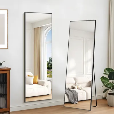 Image de Miroir de plein corps, 147 x 44 cm. Miroir sur pied, miroir mural, cadre en aluminium, couleur noire. Peut être suspendu, posé ou incliné