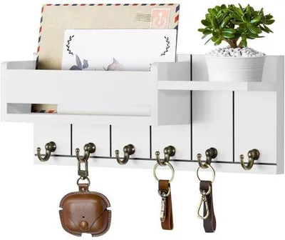 Image de Porte-clés en bois avec planche - Porte-clés décoratif en bois - 6 crochets - Idéal pour l'entrée, le couloir, la chambre à coucher, le salon - Blanc
