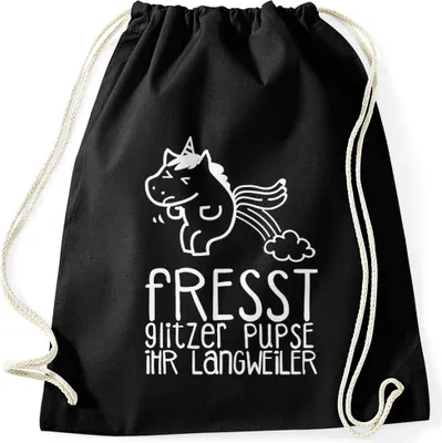 Produktbild von Turnbeutel Einhorn Unicorn Fresst Glitzer Pupse ihr Langweiler Hipster Beutel Tasche Sportbeutel Gymsac Gymbag Moonworks® schwarz unisize