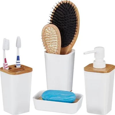 Produktbild von Famanu Badezimmeraccessoires Set - 4-teilig - Zahnputzbecher - Seifenschale - Seifenspender - Bambus - Kunststoff - Weiß