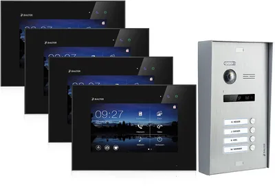 Produktbild von Aufputz Videosprechanlage BALTER EVO 2-Draht BUS für 4-Familienhaus mit 4x7" Monitoren Schwarz Silber