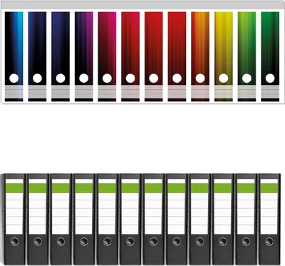 Produktbild von Wallario 12 Stück breite Ordner inkl. Klebeetiketten mit Motive Bunte Regenbogenstreifen auf Schwarz -  Set mit Rückenschildern / Ordnerrücken Stickern
