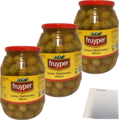 Produktbild von Fruyper Grüne Oliven Mariniert mit Kern 3er Pack (3x600g Glas ATG) + usy Block