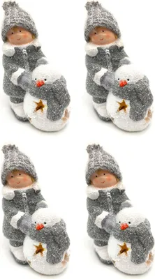 Produktbild von Winterkind Junge mit LED Schneemann 16cm Dekofigur Weihnachtsdeko 4 Stück