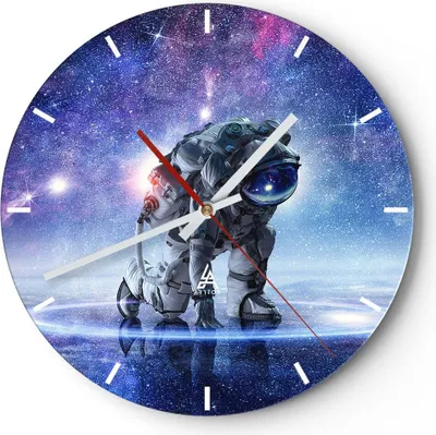 Produktbild von Wanduhr - Rund - Glasuhr - Kosmonaut Weltraum - 30x30cm - Schleichendes Uhrwerk - Lautlos - zum Aufhängen bereit - Dekoration Modern - Wanddekoration aus Glas - C3AR30x30-3985
