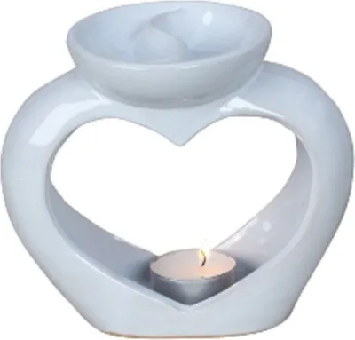 Herzförmige Duftlampe aus weißer Keramik mit großer, geteilter Duftschale.