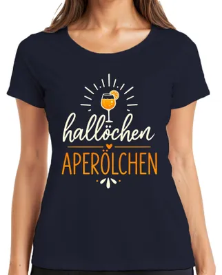 Zdjęcie produktu dla "Hallöchen Aperölchen Spritz" - koktajl, idealny na letnią imprezę, spotkanie z przyjaciółkami lub wieczór panieński. Damska koszulka, kolor granatowy, rozmiar L