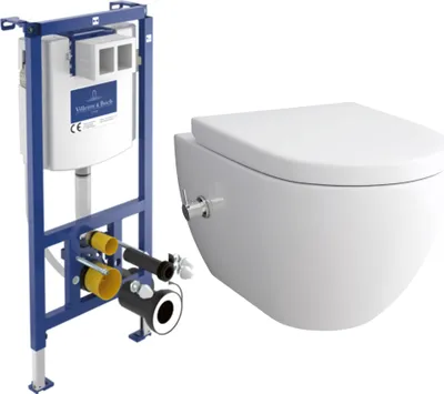 Produktbild von Alpenberger Dusch WC Komplett Set mit Villeroy & Boch Spülrandlos + Unterputz Spülkasten | Wand WC | Toilette mit WC Sitz mit Absenkautomatik (6250 UNI)