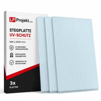 Produktbild von LP Projekt  Kunststoff 3 x Polycarbonat-Doppelwandplatten, 16/20-98 x 200 cm (5,88 m²), klar und UV-beständig,extra stark, Mehrwandplatten für Dach