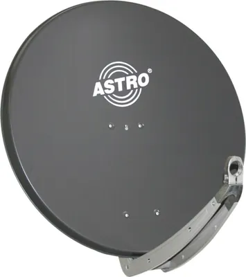 A dark gray satellite dish with a silver mounting bracket, shown against a white background.