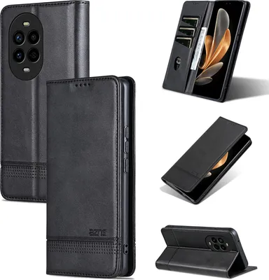 A collage of images showing a black leather phone case from different angles, including its interior card slots and stand feature.