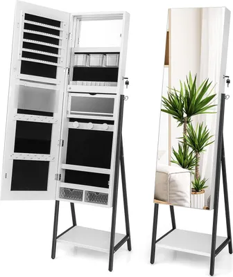 Produktbild von COSTWAY Skrinka na šperky so zrkadlom, zrkadlová skrinka na šperky s 3-farebným LED osvetlením, uzamykateľná, prídavná polica, 41,5 x 37 x 157 cm (biela)