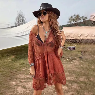 Produktbild von Tiefer V-Ausschnitt Boho Strandausflug Transparenter y Spitzen Tunika Pareo Badeanzug, Rot