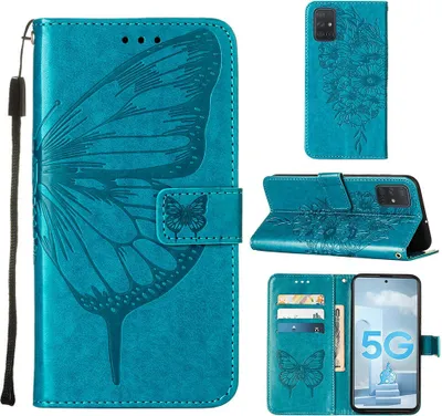 Produktbild von Galaxy A51 5G Hülle, Schmetterling Prägung Flip Leder Kartenfächer Schutzhülle Ledertasche mit Ständer für Samsung Galaxy A51 5G Blau