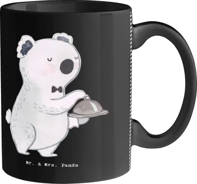 Produktbild von Mr. & Mrs. Panda Tasse Kellner Herz - Schwarz - Geschenk, Lecker, Becher, Teetasse, Keramikbecher, Essen, Restaurant, Ausbildung, Kaffeetasse, Abendessen, Yummy