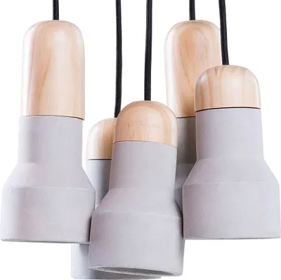 Produktbild von BELIANI Hängeleuchte Grau Beton und Holz 5-flammig Schirme in Glockenform für runden Esstisch Whonzimmer Industrial Style
