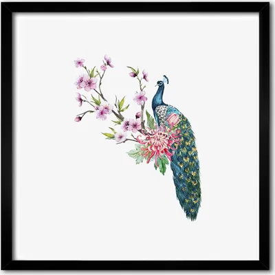 Produktbild von Bild - 50 cm x 50 cm - MDF - Rahmen, Wandkunst - Pfau und Blumen