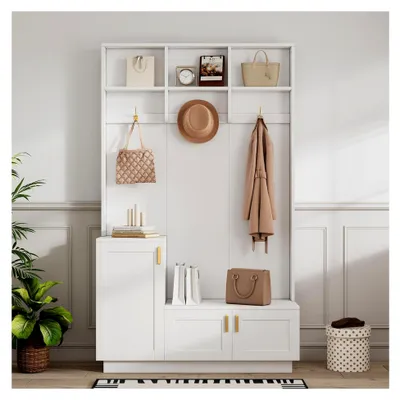 Produktbild von Multifunktionales Garderoben-Set mit Bank und Schuhablage für den Flur, 3 Haken & offenem Stauraum, Weiß, Maße: H200/B120/T40 cm, Platzsparend, Modernes Design für den Eingangsbereich