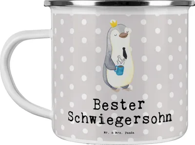 Produktbild von Mr. & Mrs. Panda Pott Pinguin Bester Schwiegersohn - Grau Pastell - Geschenk, Teetasse, Emailletasse, Hochzeit, Frau, Dankeschön, Geschenkidee, Emaille Tasse, Heirat