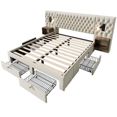 Produktbild von Flieks Polsterbett 180x200cm mit USB und Leselampe, Doppelbett Stauraumbett mit Nachttisch und 4 Schubladen, Holzbett Funktionsbett, Samt, Beige