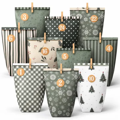 Productafbeelding van Adventskalender om zelf te vullen - 24 kerst adventskalender zakjes met nummerstickers - Houten knijpers & jutetouw