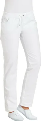 A person wearing white pants and white shoes, shown from the waist down.