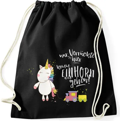 Produktbild von Einhorn Turnbeutel Nur Verrückte hier komm Einhorn wir gehen Unicorn Spruch Moonworks® schwarz-weiß unisize
