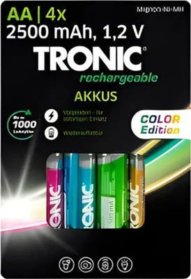 Packaging for Tronic rechargeable AA batteries, featuring colorful battery designs.