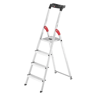 Produktbild von Hailo L60 StandardLine Alu-Sicherheits-Stehleiter - Leiter 4 Stufen belastbar bis 150 kg - stabile Holmführung - Stehleiter mit Ablage - klappbare Aluleiter  Germany - Leiter rostfrei - Silber