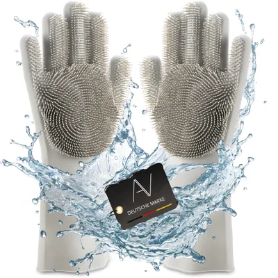 Produktbild von AVANA Silikon Spülhandschuhe mit Wash Scrubber Reinigungshandschuhe BPA-Frei Hitzebeständige Handschuhe für Küche, Abwasch, Tierpflege, Bad, Autowäsche (Grau)