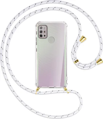 Produktbild von Handykette Backcover-Schutzhülle mit Band (Metall goldfarben) für Motorola Moto G10 (Power), G20, G30 - weiß/grau