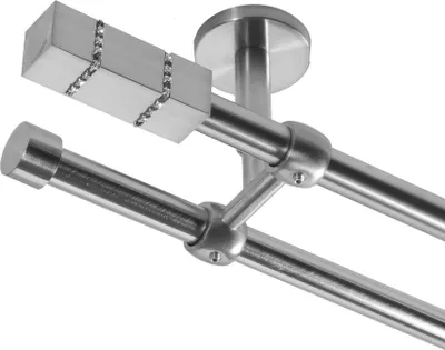 Produktbild von Gardinenstange mit Deckenhalterung I Metall Edelstahl Look 2-läufig Ø 16mm I D21