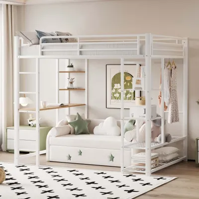 Productafbeelding van AIORBER hoogslaper, 90x200 cm, enkelbed van metaal met bureau, inclusief ladder, kleerkastontwerp en opbergvakken, ruimtebesparend en stabiel, wit