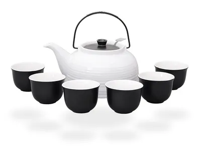 Produktbild von Nelly Teeset / Teeservice / Teekanne Keramik 1,5l mit Sieb und 6 Teetassen 120ml, weiß/schwarz