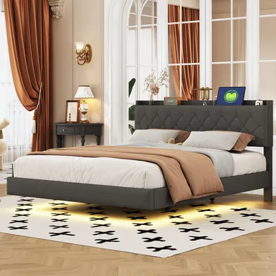 Produktbild von Gepolstertes Doppelbett 160 x 200 cm (graues Leinen): USB-Anschluss, LED-Beleuchtung (Farbwechsel), Lattenrost, hautfreundlich