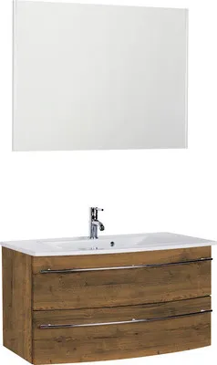 Produktbild von Marlin Badmöbel-Set 3040 BxHxT 91 x 198,2 x 51 cm Frontfarbe eiche braun mit Waschtisch Keramik weiß, Spiegel mit LED-Be